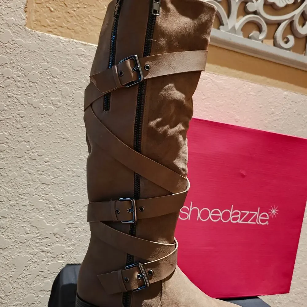 Moto Cecily Boots Women’s 8 Taupe Knee High Buckle Zip Faux Suede New Y2K Winter - Picture 8 of 13